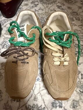 Miu Miu Tan Suede Sneakers with Green Laces